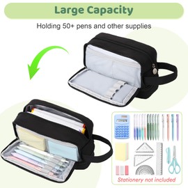 Alyvisun Large Capacity Pencil Case with 3 Compartments for Boys Girls, Desk Stationery Organizer Pencil Pouch with Handle, Portable Pencil Case for School Office Supplies