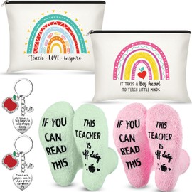 Saintrygo 6 Pieces Teacher Appreciation Gift Set for Women 2 Pcs Teacher Cosmetic Makeup Bags 2 Pairs Novelty Cozy Fuzzy Socks and 2 Pcs Keychain(White,Rainbow Style)
