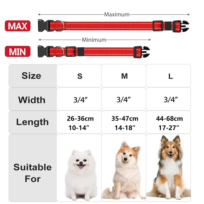 Reflective Nylon Dog Collar with Safety Buckle, Adjustable Pet Collars