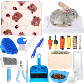 LOYIM 19 Pcs Rabbit Starter Kit Small Bunny Litter Box Animal Grooming Kit Water Bottle Bunny Toys Hay Feeder Bowl Blankets with Cleaning Set for Guinea Pig Rabbit Accessories (White)