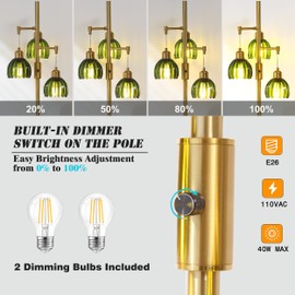 Asmymhd Dimmable Gold Floor Lamp,3-Light Vintage Retro Tree Floor Lamp,Farmhouse Standing Lamp with 3 Elegant Glass Green Flower lampshades for Living Room Bedroom (Brass Gold)
