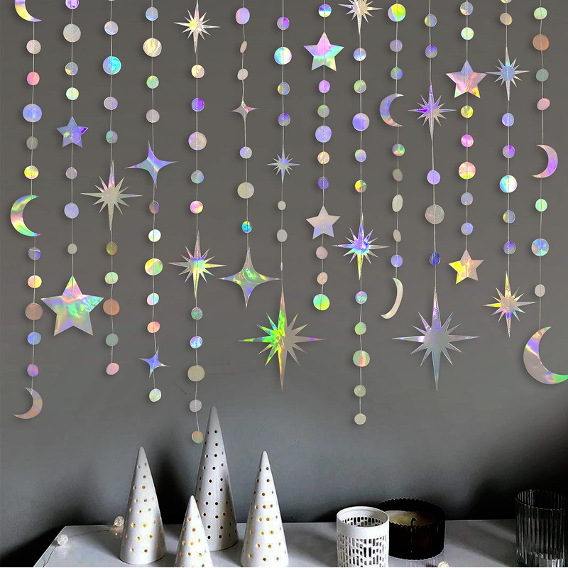 Iridescent Party Decorations Holographic Star Moon Circle Dot Garland Hanging