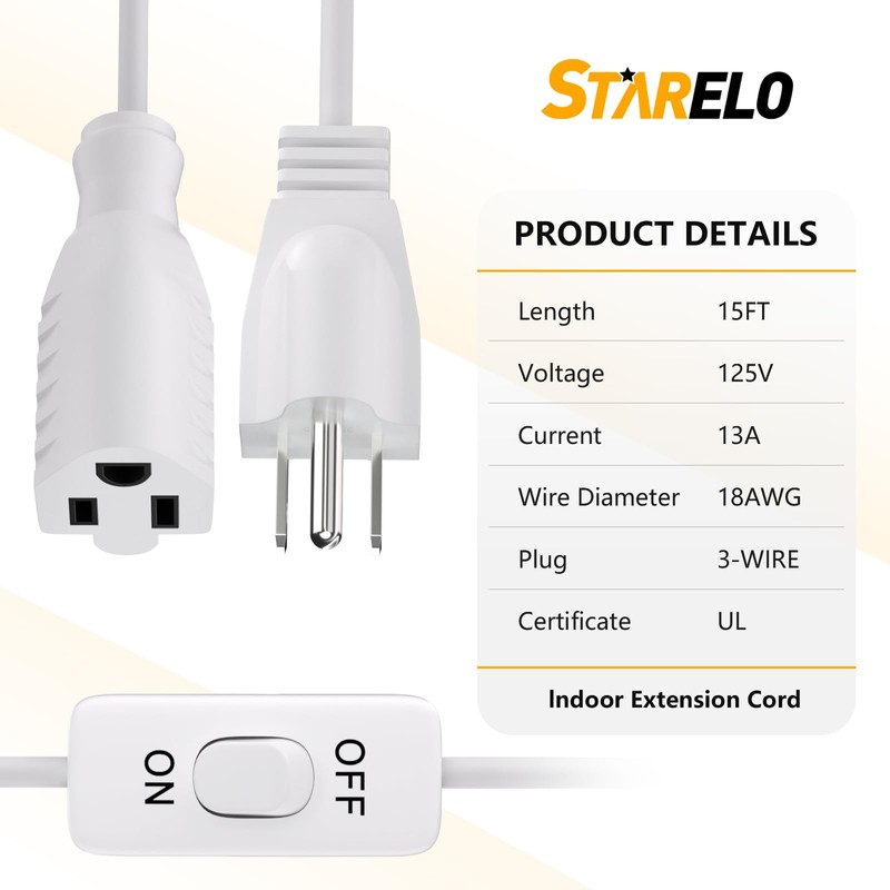 STARELO Extension Cord with Switch 3-Prong Indoor White Extension Cord,1625W