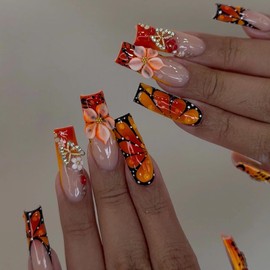 MISUD Press on Nails - Long Square Fake Nails with Fall Red Orange, Acrylic Handmade Flower Butterfly Design 24 pcs