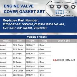 KERAIDMOTO 2.4L Engine Valve Cover Gasket Set Compatible with Honda Accord 2.4 K24 2013 2014 2015 2016 2017 EX, EX-L, LX, LX-S, Coupe, Sedan, Sport Sedan, 2/4 Door,Replace 12030-5A2-A01 VS50887VS50916