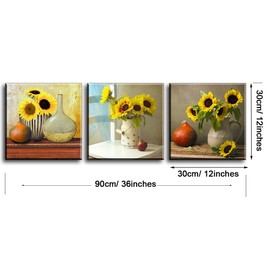 Sunflower Kitchen Wall Decor, SZ HD Still Life Oil Painting Canvas Art Prints of Bright Blooming Floral Illustration (Set of 3, Waterproof Artwork, 1" Thick Frame, Bracket Mounted Ready to Hang)