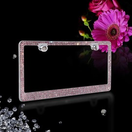 Premium 4 Rows Purple(C-Type Screw Cap) Real Crystal Rhinestone Embedded-Metal Chrome License Plate Frame
