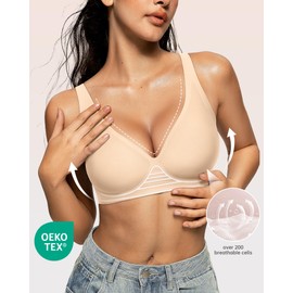 OEAK Womens Deep V Bras Wireless Comfortable Bra Supportive No Underwire Bras Tshirt Push Up Bralettes Plunge Seamless Bra Beige XS