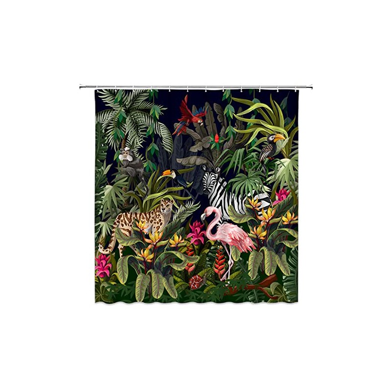 Rainforest Animal Shower Curtain Tropical Jungle Forest Leopard Flamingo Zebra