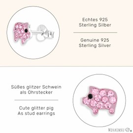Monkimau Glitter Pig Stud Earrings Made of 925 Silver Jewellery Silver Earrings Medical for Children Girls Women, Silver