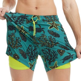 MaaMgic Mens Swim Trunks with Compression Liner 2 in 1 Swimming Shorts Stretch 5.5" Quick Dry Bathing Suits,Starfish Dark Green,Large
