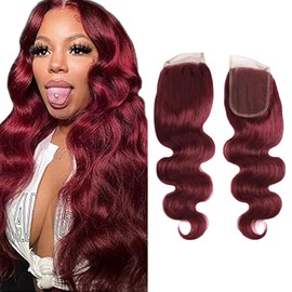 Evaxilc Body Wave Pre Plucked Glueless Lace Front Closure Brazilian Remy Human Hair Extensions #99J Red Burgundy No Tangles No Smell 4x4 HD Transparent 150% Density Top Lace Closure Hair 28 Inches