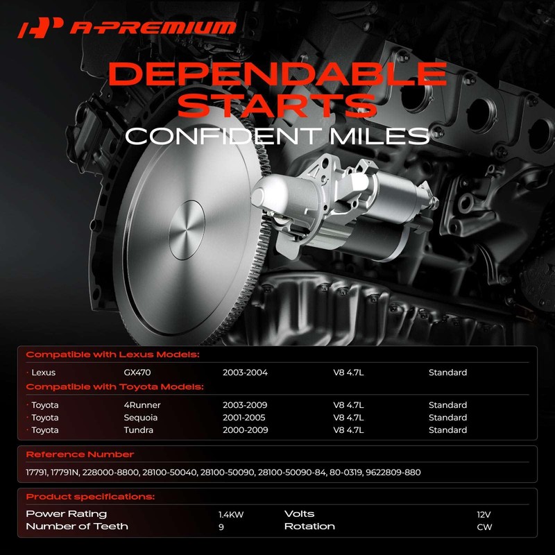 A-Premium Starter Motor Compatible with Toyota Tundra 2000-2009, 4Runner 2003-2009,