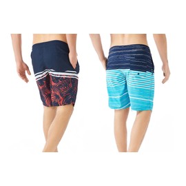 TEX2FIT 2-Pack Men's Swim Shorts with Pockets, Quick Dry Swim Trunks with Mesh Lining (Navy Palms/Turquoise Stripes, X-Large)