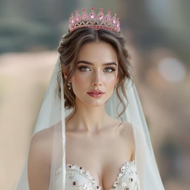 Crystal Tiaras and Crowns for Women - Wedding and Birthday Party Princess Crown Hair Accessories - Bride Rhinestone Headband（Gold+Pink）