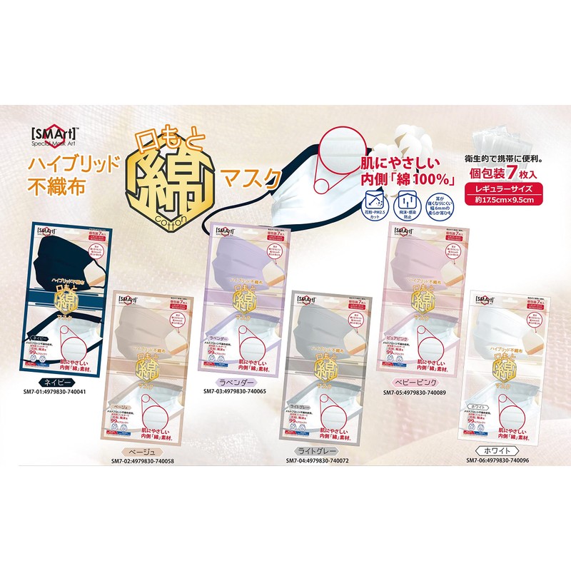Advanced SMArt Hybrid Cotton Mouth Mask, Beige, 7 Pack, SM7-02,