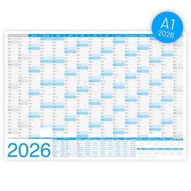 Wall Calendar 2026 · DIN A1 (84.1 cm x 59.4 cm) · with Monthly Overview for 15 Months, Annual Calendar for Office, Home, Year Planner, Monthly Planner, Family Calendar · Folded (Blue)