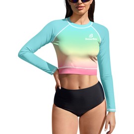 BesserBay Lady Summer Crop SPF Swim Uv Rash Guard Surfing Sunproof Sunblock Swimwear Multicolor Gradient M