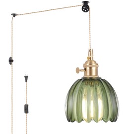 Shenmoyl Plug in Pendant Light Hanging Light Fixture Corded On/Off Switch Brass Pendant Light with Green Tulip Glass Lampshade for Bedroom Living Room Kitchen Island