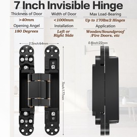 7 inch（2 Pcs Hidden Door Hinges - Black Invisible Hinges for Doors, 180 Degree Swing Concealed Hinges, 3 Way Adjustable & Heavt Duty Hinges (Load-Bearing Up to 170lbs)