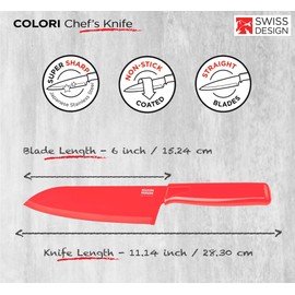 Kuhn Rikon COLORI Chef’s Knife with Safety Sheath, 6 inch/15.24 cm Blade, Red