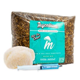 Mycelium Mushroom Growing Kit, Lion's Mane Gourmet I Oak & Soy Hull Substrate I High Yield Proprietary Mix I Sterile Grow Bag with 20ml Liquid Culture Syringe for Starter & Pro Home Growers, 5lbs
