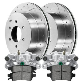 AutoShack Rear Drilled and Slotted Brake Rotors Silver Calipers and Ceramic Pads Kit Set Driver and Passenger Side Replacement for Suzuki Equator 2005-2020 Nissan Frontier 2008-2015 Xterra BCPKG0622