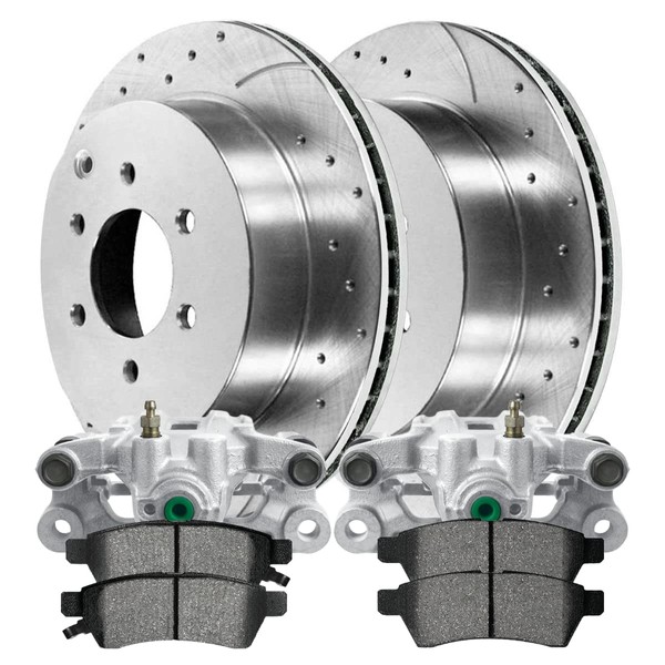 AutoShack Rear Drilled and Slotted Brake Rotors Silver Calipers and