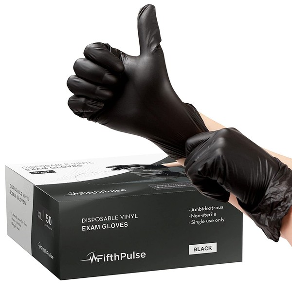 FifthPulse Disposable Vinyl Exam Gloves - Black - Box of 50 - XL