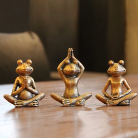Smadeer Bronze Frog Figurines, 3-Piece Yoga Decor Set, Antique Bronze Color, Handmade Home Decoration