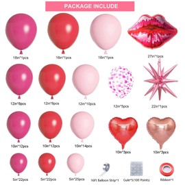 Bonropin 152pcs Valentines Day Balloon Arch Garland Kit with Hot Pink Red Pastel Pink Confetti Balloons Heart Lip Explosion Star Foil Balloon for Anniversary Wedding Romantic Bachelorette Decorations