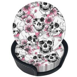Niukom 6 Pcs Sugar Skull Skeleton Flower Pink Leather Coasters for Drinks with Holder Coaster Sets Drink Table Cup Coasters for Living Room Kitchen Coffee Decor