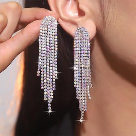 Large Bling Rhinestone Earrings Dangling for Women Sparkly Silver Crystal Chandelier Prom Formal Earring Trendy Long Gold AB CZ Statement Tassel Jewelry (Silver)