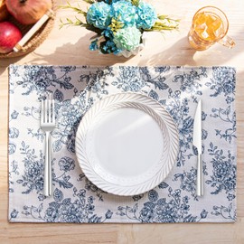 Blue Floral Fabric Placemats Set of 6, Linen Washable Table Placemats for Kitchen, Vintage Rectangular Place Mats for Dinning Wedding Holiday, 13 x 19 Inch