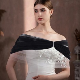 NICENEEDED Bridal Detachable Tulle Shawl, Black Wedding Strapes Puffy Dress Scarf Sleeve Shawls, Removable Shoulders Cover Up Accessory for Wedding Costume