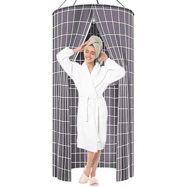 Round Shower Curtain Hanging Bathroom Curtains with Storage and Double Zipper Waterproof Portable Shower Curtain Sets for Camping & Outdoor Privacy (Grey, 39"x78")