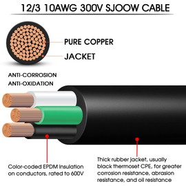 100ft 12/3 Wire 12AWG SJOOW Cable Wire 12 Gauge SJOOW Cord Portable Power Cable 300V 3 Conductor 12/3 Gauge Extension Cord for Motor Lead,Generator,Light,NEMA 14-20 RV Invert,EV Car Battery Charger