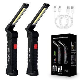 2Pack LED Work Lights, USB Rechargeable COB Light with Magnetic Base 360°Rotate and 5 Modes, Folding Flashlight Inspection Mechanic Light for Car Repairing, Workshop, Household and Emergency Use,Large