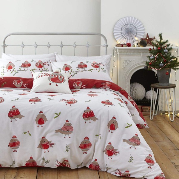 Catherine Lansfield Christmas Bedding Robins Reversible Single Duvet Cover Set with Pillowcase White Red