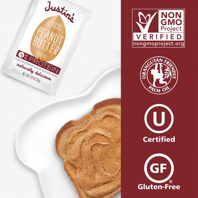JUSTIN'S Classic Gluten-Free Peanut Butter Spread Squeeze Packs, 1.15 Ounce