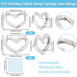 Beebeecraft 2Pcs 2 Styles Heart Spring Ring 925 Sterling Silver Love Heart O Ring Carabiner Connector for Jewelry Making Necklace Bracelet