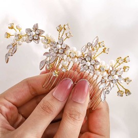 IYOU Bridal Wedding Hair Comb Flower Crystal Silver Headpiece Rhinestone Pearl Hairpieces Bridal Hair Accessories for Women