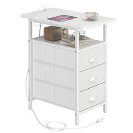 sthmec End Table with Charging Station, Side Tables Livingroom with USB Ports and Outlets,Narrow Nightstands Bedside Tables with 3 Drawers PU Finish for Small Space,Slim Sofa Table Bedroom,White