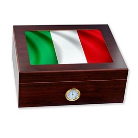 ExpressItBest Premium Desktop Humidor - Glass Top - Flag of Italy (Italian) - Waves Design - Cedar lined with humidifier & front mounted hygrometer.