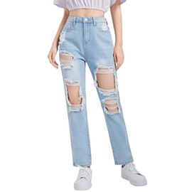 SweatyRocks Teen Girl's High Waisted Straight Leg Ripped Jeans Washed Denim Pants with Pockets Light Wash 8-9Y