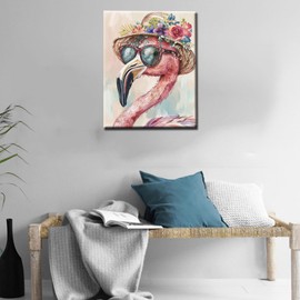 Pink Flamingo with Flowers Hat and Sunglasses Paint by Number Cute Animal DIY Painting on Canvas with Brushes Acrylic Paints Paint by Numbers for Adults and Kids Beginner 16x20 Inch（without Frame）