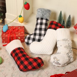 NEXAVENT 4 Pack Christmas Stockings Style 1 Large Size 20.5’’ Red White and Black Mixed Christmas Stocking Plaid Plush Hanging Ornament Xmas Decorations for Family Holiday Season Decor