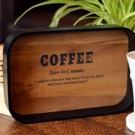 Morning Coffee Tray, Decorative Serving, Black and Natural, Saying Embellishment, MDF Wood, 9.5 Inches