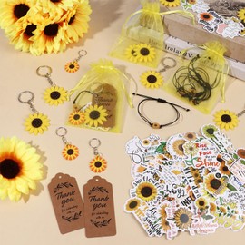 130 PCS Sunflower Party Favors Include Sunflower Keychains Adjustable Sunflower Bracelets Sunflower Stickers Thank You Kraft Tags Organza Bags for Birthday Wedding Summer Party Baby Shower Gifts
