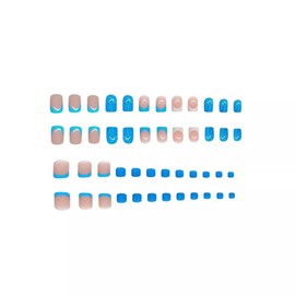 48 Pcs Pink Press On Nails Short Square & Press On Toenails Set - YEFIUO Spring Blue White French Fake Nails Press ons Nail Art Tips Glue on Nails Acrylic Nail Kit False Toe Nails with Ripples Design